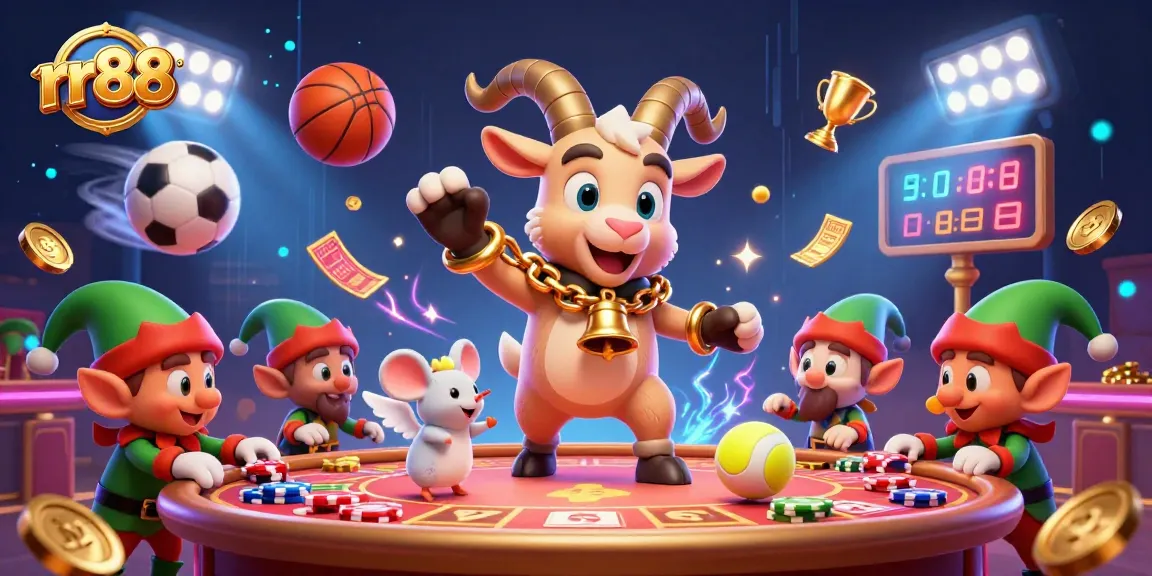 rr88 creates a thrilling casino experience featuring festive characters in a lively atmosphere.