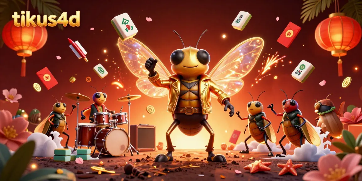 Engage with tikus4d's vibrant gaming scene featuring a rock star cicada and dynamic mahjong elements.