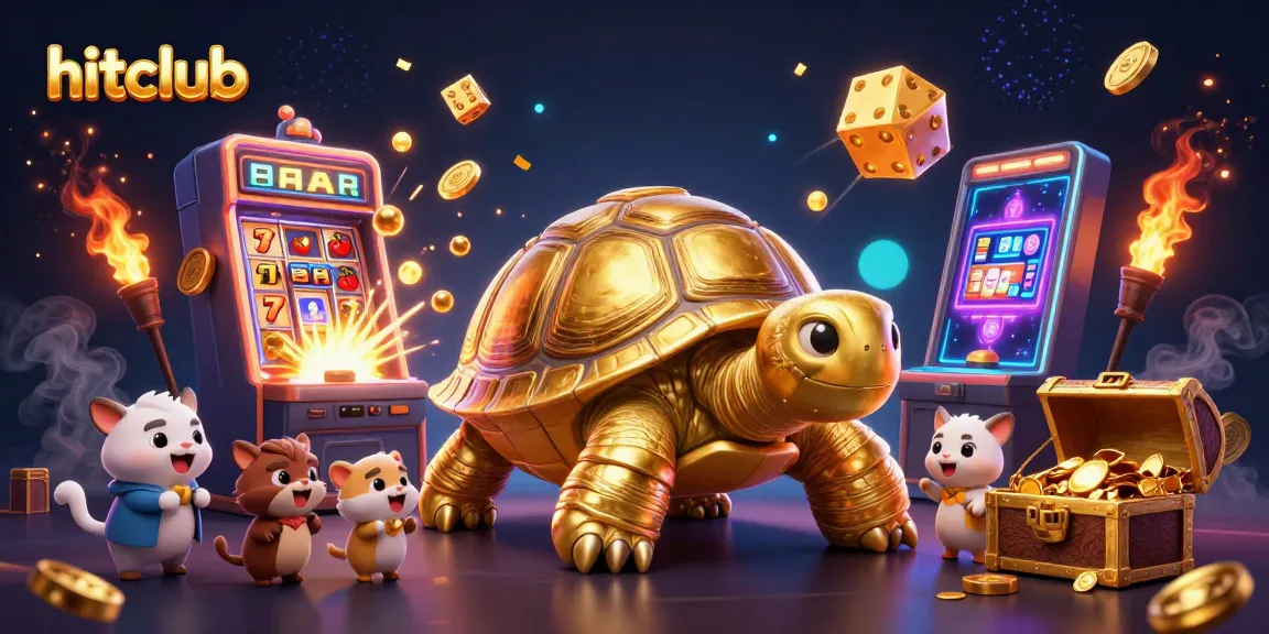 Hitclub's vibrant and interactive gaming scene showcasing excitement with golden tortoise and a jackpot slot machine.