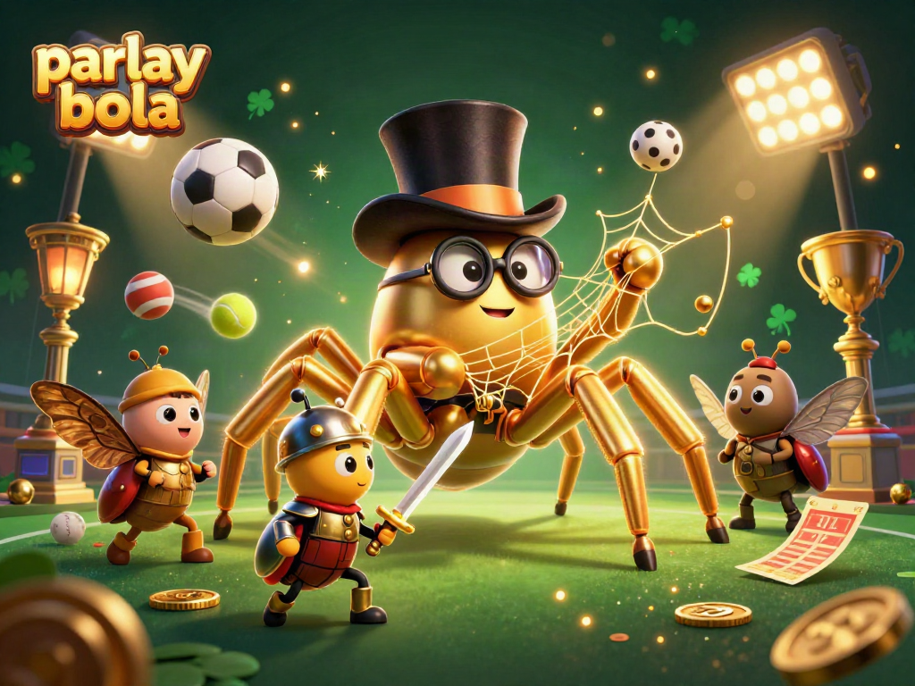 Engage with parlay bola betting strategies in this dynamic casino illustration of a golden tarantula and beetle knight.