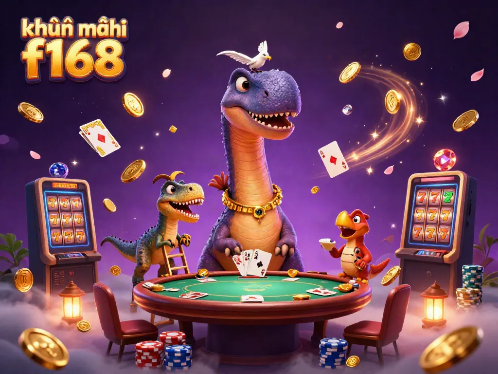 Engage with khuyến mãi f168 through a whimsical casino scene featuring a giant brontosaurus and clever raptor distributing cards.