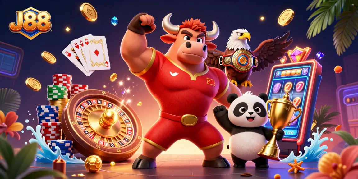 Engaging 3D illustration showcasing J88 casino excitement with a victorious bull mascot, eagle, and panda