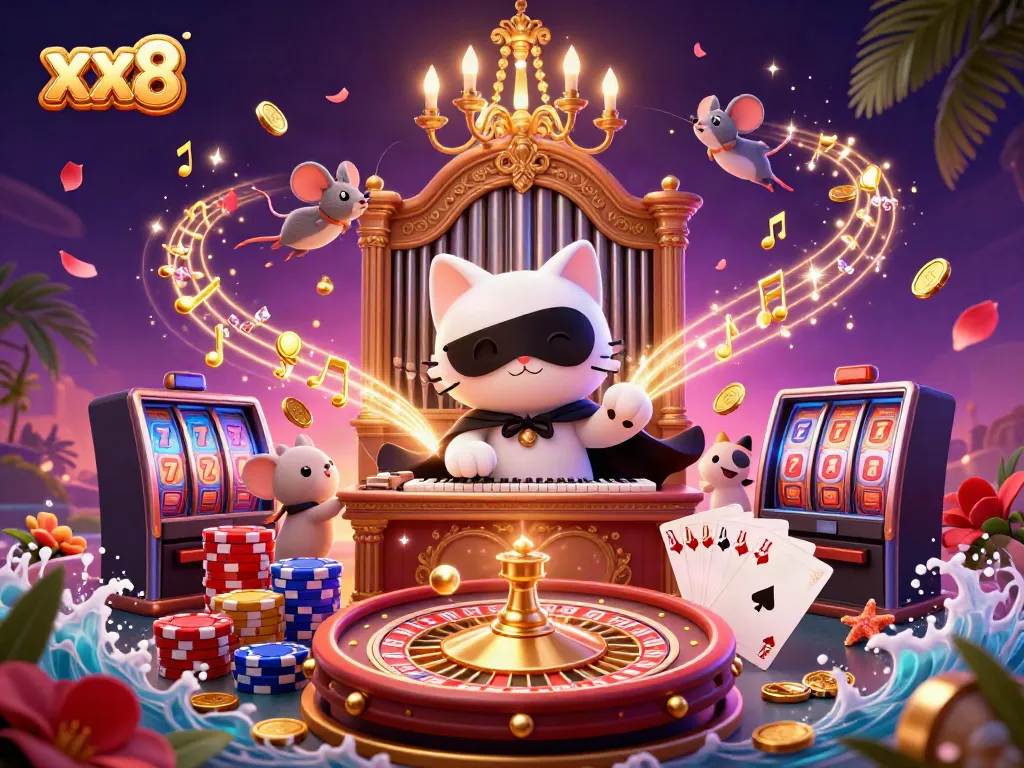 Experience the excitement of xx8 casino with a whimsical 3D illustration featuring games and characters.