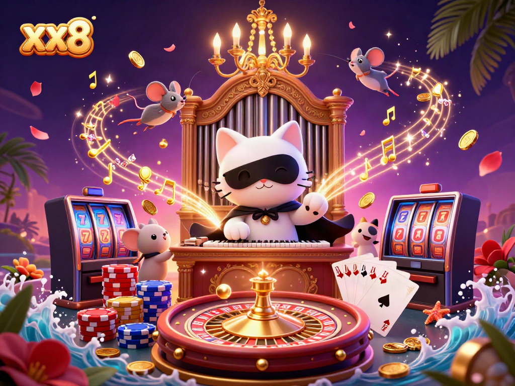 Experience the excitement of xx8 casino with a whimsical 3D illustration featuring games and characters.