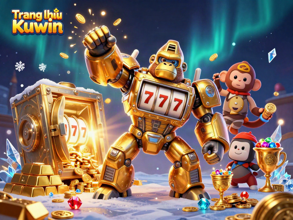 Engage in thrilling gameplay at Trang chủ Kuwin, featuring vibrant 3D illustrations of a powerful gorilla mech and gem-filled treasures.