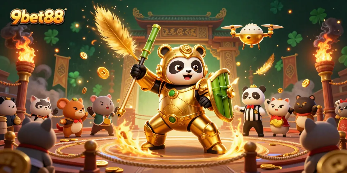 Engage with 9bet88's vibrant online casino thrilling scene featuring golden panda and action-packed atmosphere.