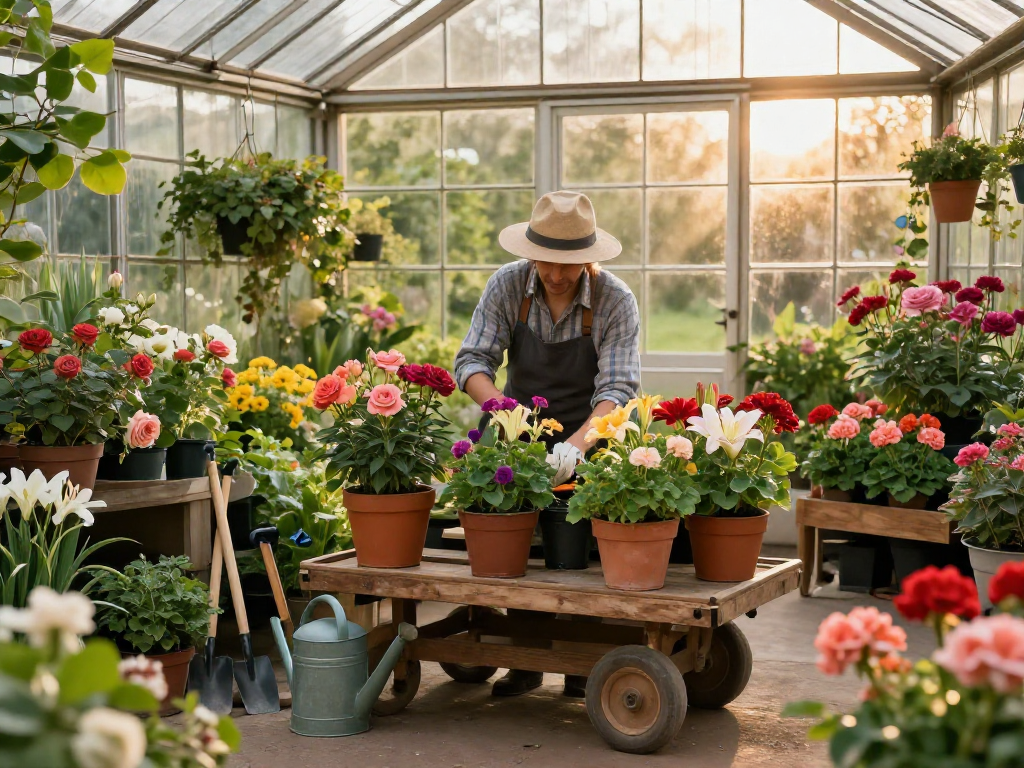 Gardener arranging vibrant flowers in a garden center slot filled with colorful blooms.