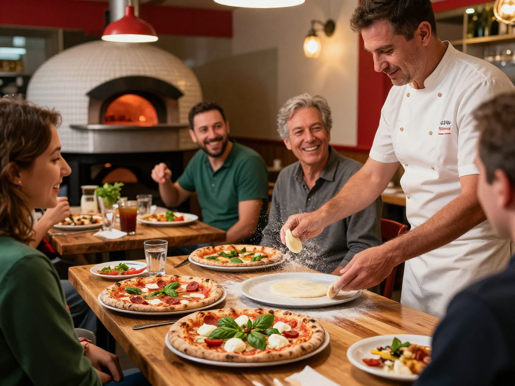 Chef working on a pizza in a lively restaurant slot with fresh ingredients.