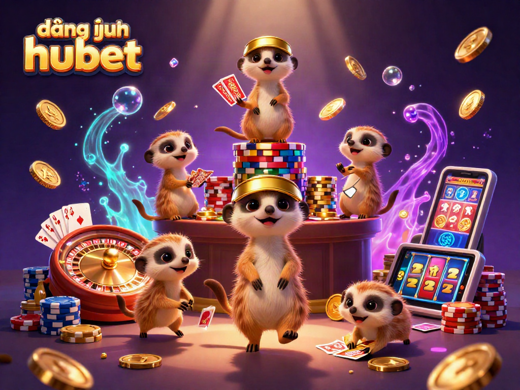 Experience đăng nhập hubet with lively meerkats running a vibrant casino, showcasing excitement.