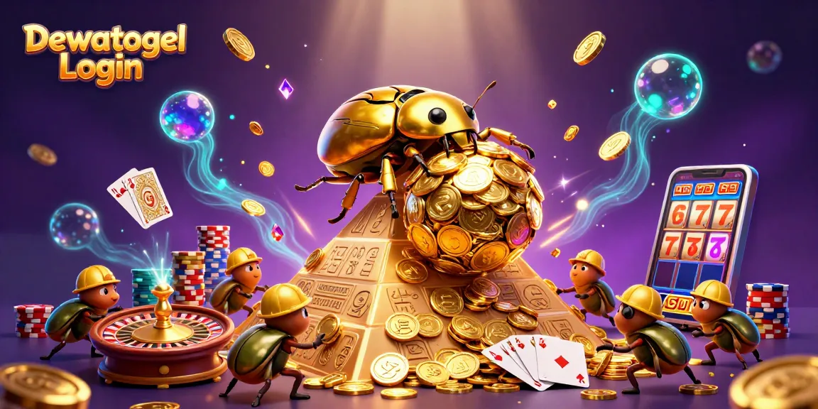 Dewatogel Login showcases an energetic scene with golden coins flying and a vibrant casino theme.