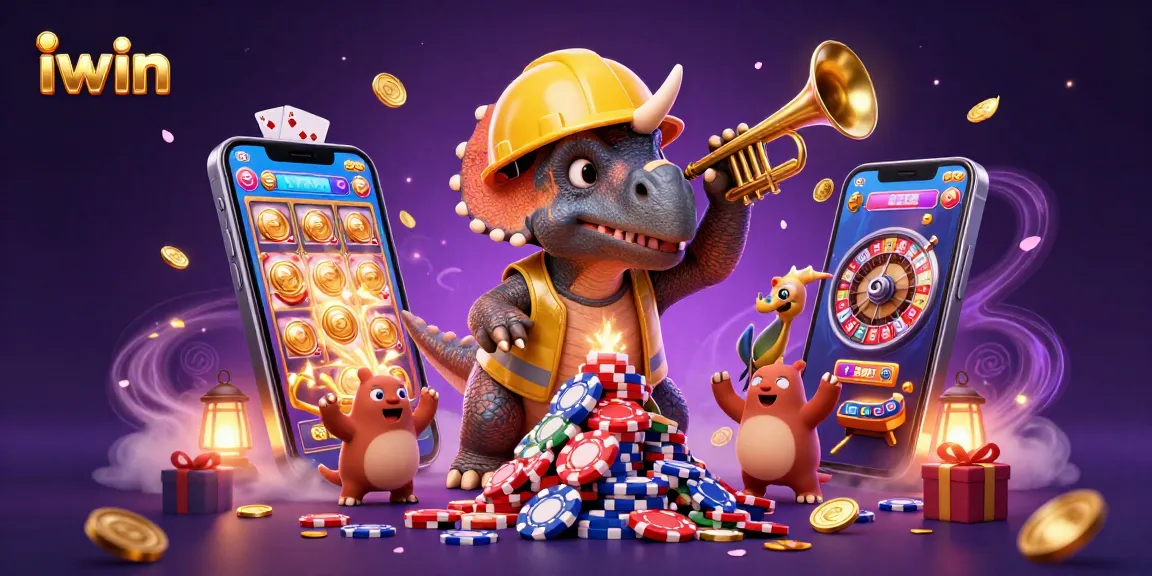 Play exciting iwin casino games with vibrant 3D creatures celebrating big wins and spinning slots.