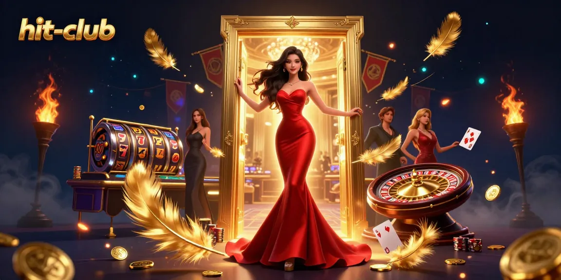 Experience thrilling games at hit-club with a beautiful Asian woman in a luxurious casino background.