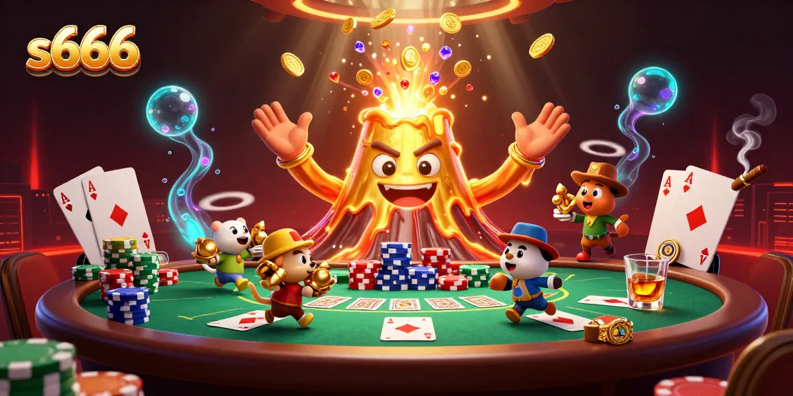 Play thrilling games at s666 with a golden volcano erupting treasure and poker excitement.