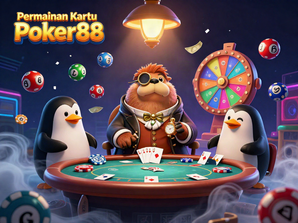 Experience hilarious moments at Permainan Kartu Poker88 featuring poker games with a jolly walrus, penguin dealer, and pufferfish player.