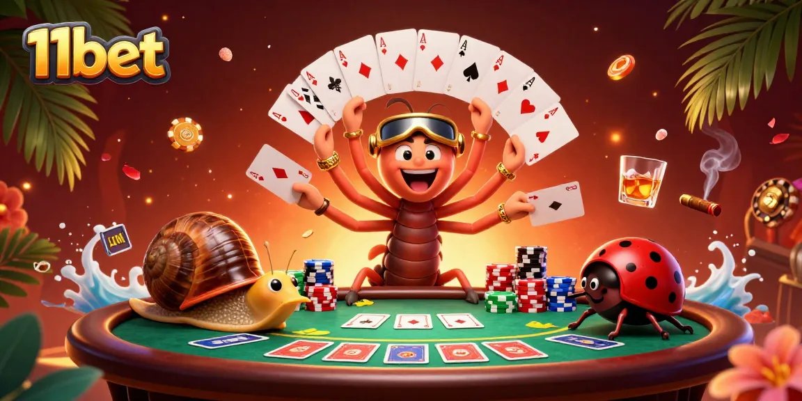 Play poker with 11bet in this vibrant millipede dealer illustration filled with casino energy.