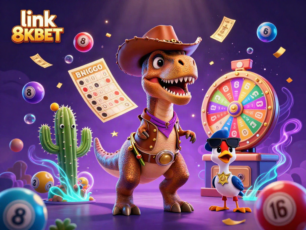 Experience exciting wins with link 8KBET through a vibrant 3D gambling scene featuring dynamic characters and game elements.