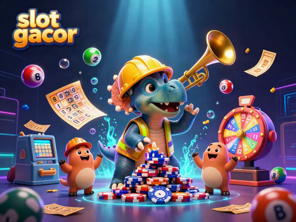Permainan slot gacor dengan triceratops membangun tumpukan chip poker, merayakan dengan bola lotere berwarna-warni.